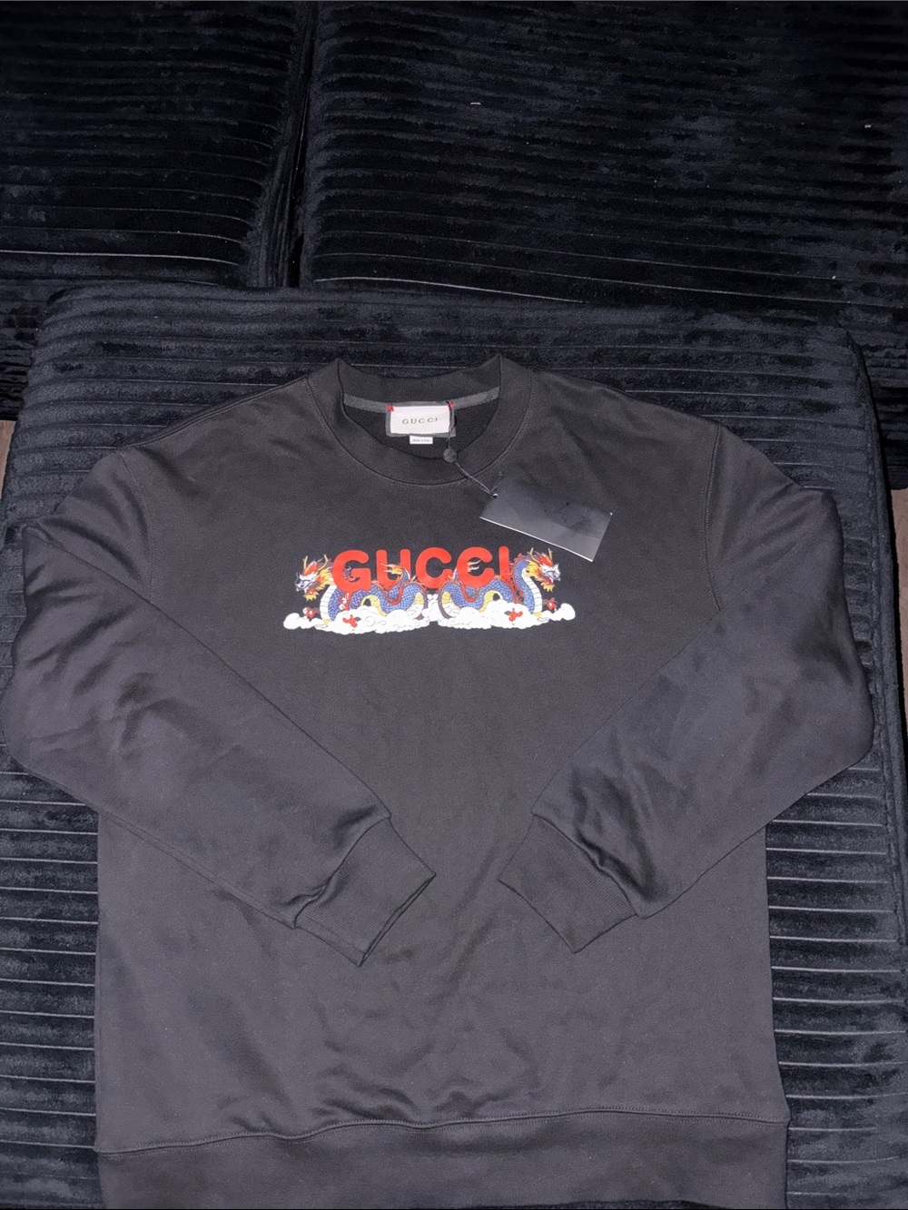 Gucci Black Crewneck Sweatshirt with Red Logo and Multicolor Embroidery